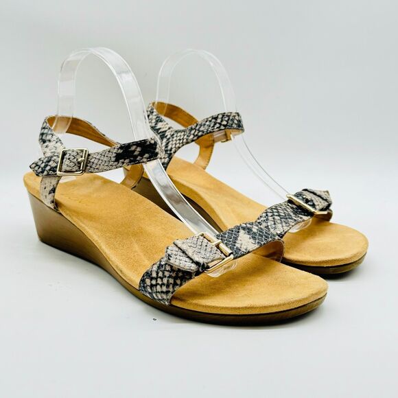 Vionic Sandals Womens 11 Brown Gray Snakeskin Wedge Ankle Buckle Straps Shoes - Picture 2 of 12